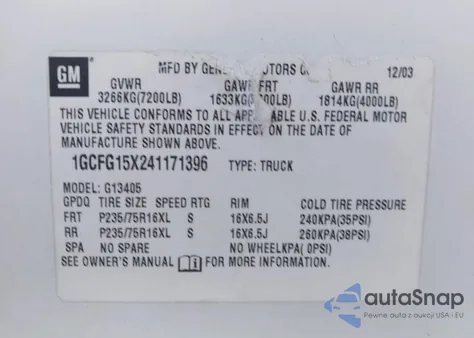 2004 Chevrolet Express z USA, uszkodzony, nr VIN 1GCFG15X241171396